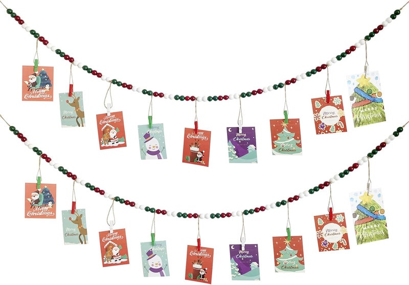 Kintyno 2PCS Christmas Hanging Photo Display with 9 Clips, Wooden Bead Garland, Boho Style Collage Photo Frame Decoration for Dorms, Classrooms, Bedrooms - Image 1
